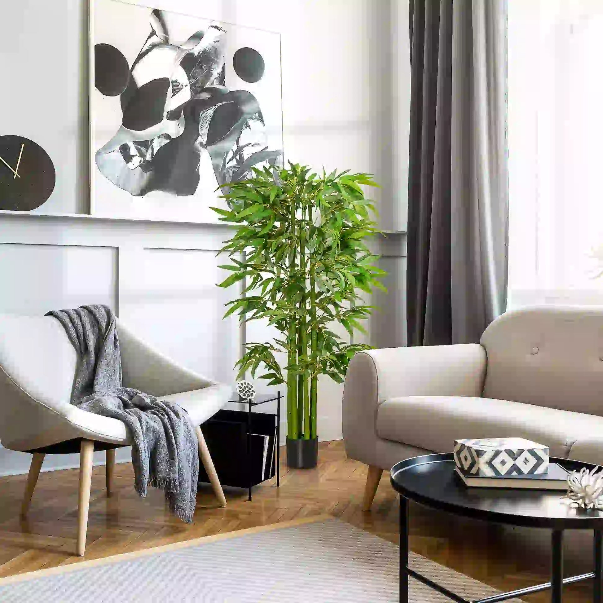 180 cm artificial bamboo tree with realistic green leaves and a sturdy black pot, perfect for home, office, or outdoor use. No watering or maintenance required.