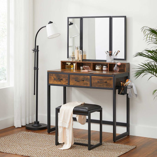 Elegant dressing table set with a tri-fold mirror, three spacious drawers, and a padded stool. Available in Brown, Oak Brown, Gray, and White, with a sturdy steel frame and ample storage options.