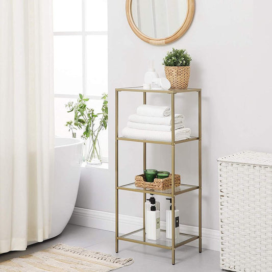 Sleek Gold-Trimmed 4-Shelf Unit | Modern Tempered Glass Standing Shelf - Egyptian Queen storeBookcases & Standing Shelves