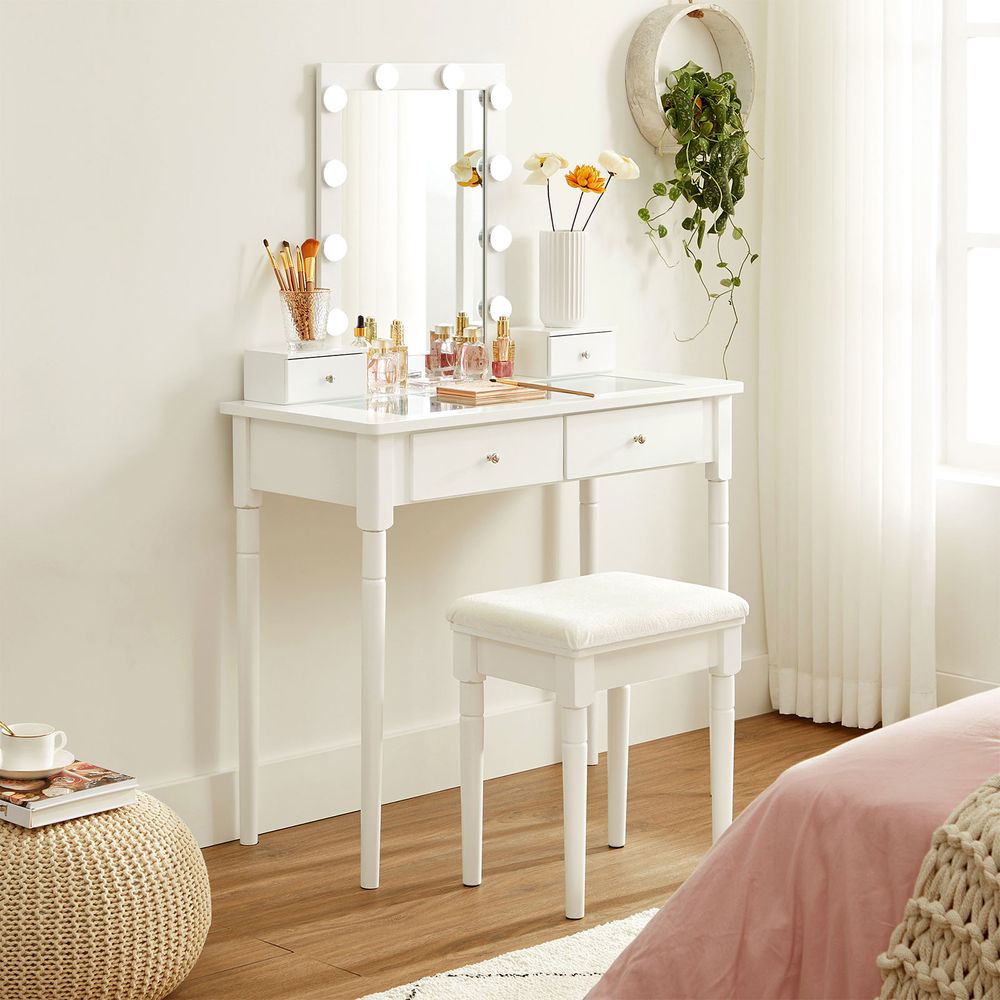Elegant white dressing table with a large mirror, 10 light bulbs, and 2 storage drawers. Comes with an upholstered stool for added comfort, perfect for organizing cosmetics and creating a stylish beauty space. Durable MDF and solid wood construction.