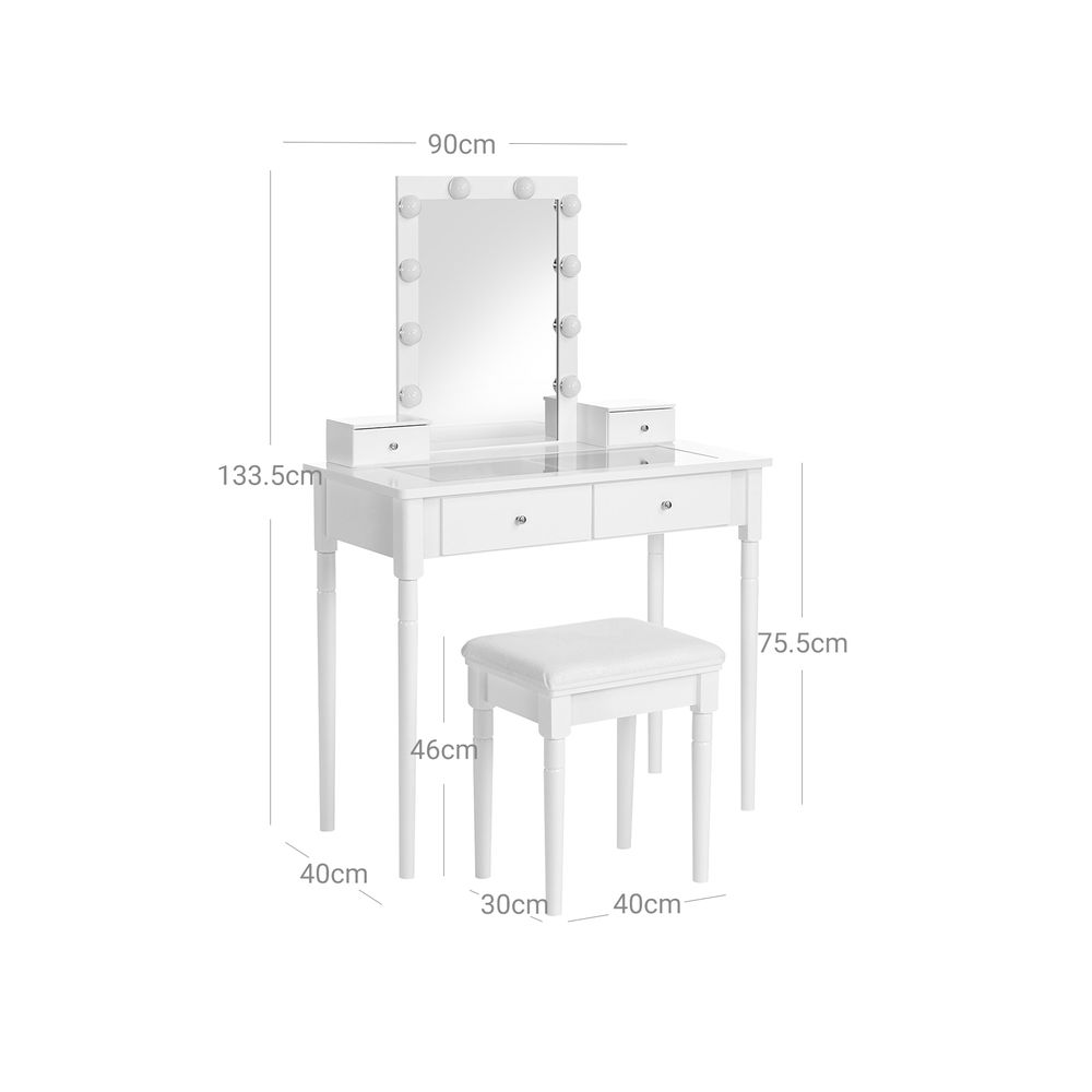 Elegant white dressing table with a large mirror, 10 light bulbs, and 2 storage drawers. Comes with an upholstered stool for added comfort, perfect for organizing cosmetics and creating a stylish beauty space. Durable MDF and solid wood construction.