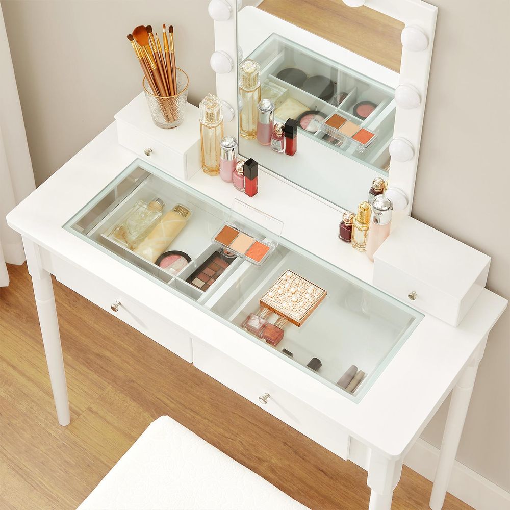 Elegant white dressing table with a large mirror, 10 light bulbs, and 2 storage drawers. Comes with an upholstered stool for added comfort, perfect for organizing cosmetics and creating a stylish beauty space. Durable MDF and solid wood construction.