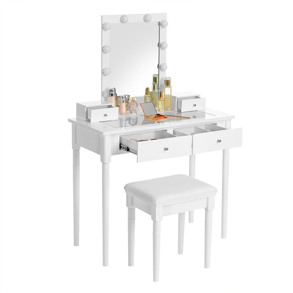 Elegant white dressing table with a large mirror, 10 light bulbs, and 2 storage drawers. Comes with an upholstered stool for added comfort, perfect for organizing cosmetics and creating a stylish beauty space. Durable MDF and solid wood construction.