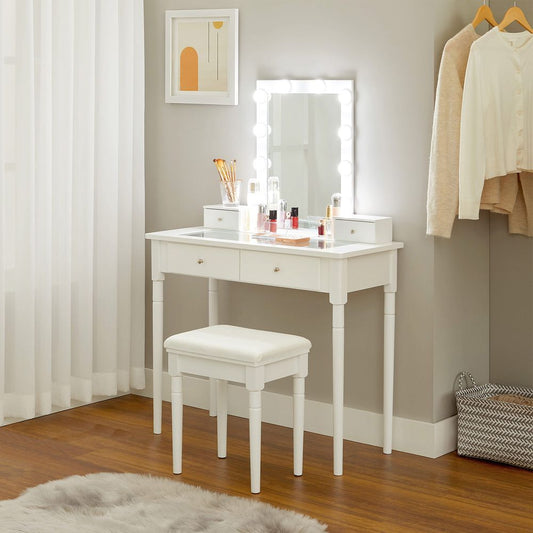 Elegant white dressing table with a large mirror, 10 light bulbs, and 2 storage drawers. Comes with an upholstered stool for added comfort, perfect for organizing cosmetics and creating a stylish beauty space. Durable MDF and solid wood construction.