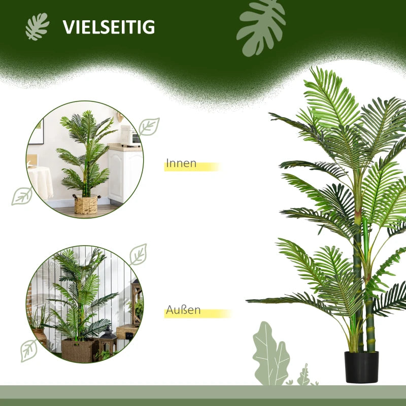 150 cm artificial Areca palm tree with 21 lifelike green leaves, set in a black planter with cement filling. Perfect for indoor or outdoor décor, maintenance-free.

