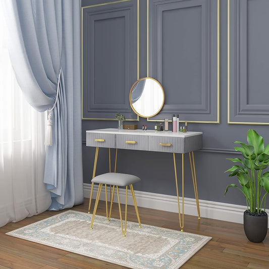 Elegant Velvet Charm Vanity Makeup Table with a large round mirror, soft velvet stool, and storage drawers in pink and gray, perfect for organizing beauty essentials.






