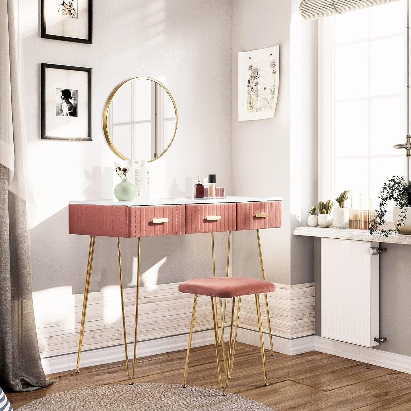Elegant Velvet Charm Vanity Makeup Table with a large round mirror, soft velvet stool, and storage drawers in pink and gray, perfect for organizing beauty essentials.




Elegant Velvet Charm Vanity Makeup Table with a large round mirror, soft velvet stool, and storage drawers in pink and gray, perfect for organizing beauty essentials.








