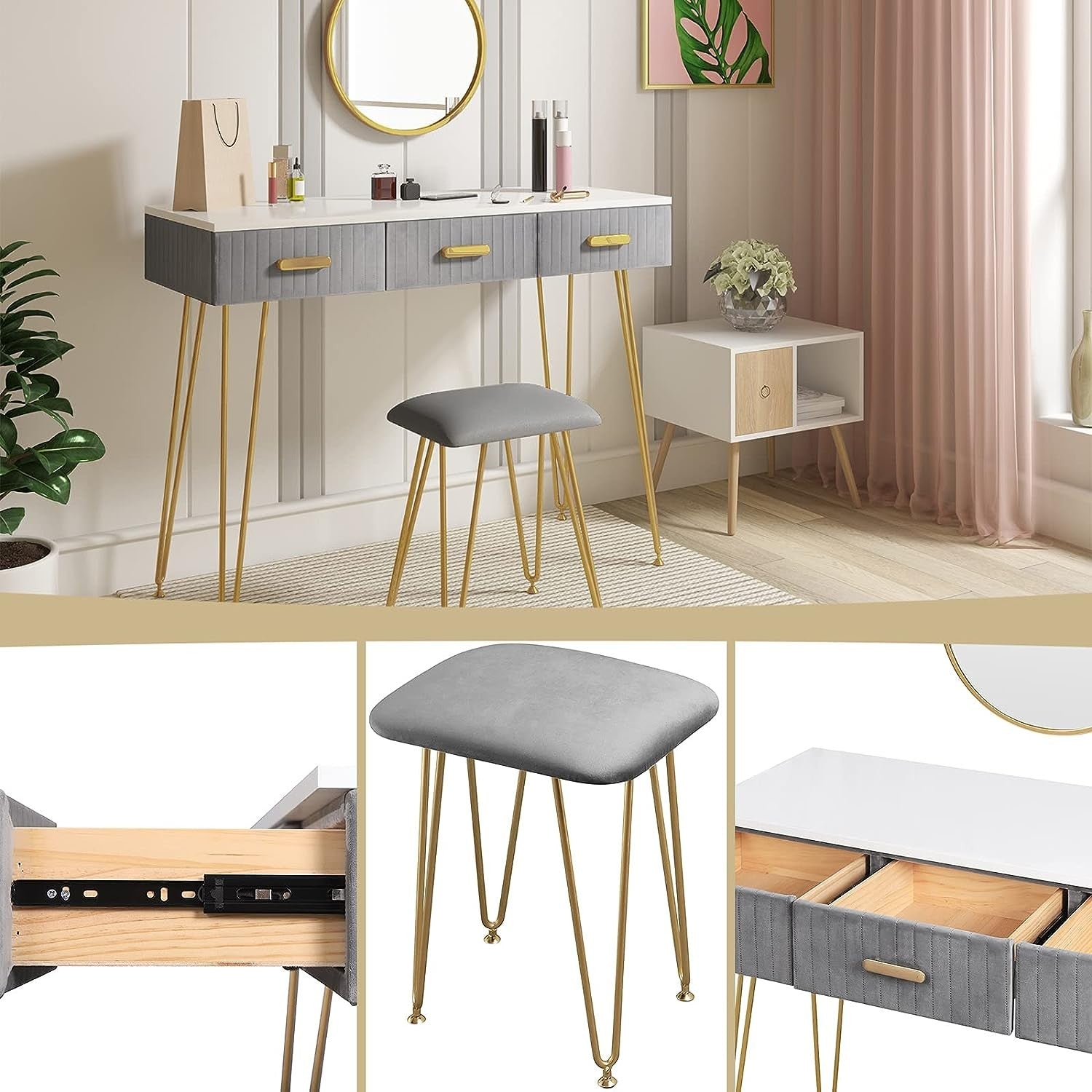 Elegant Velvet Charm Vanity Makeup Table with a large round mirror, soft velvet stool, and storage drawers in pink and gray, perfect for organizing beauty essentials.






