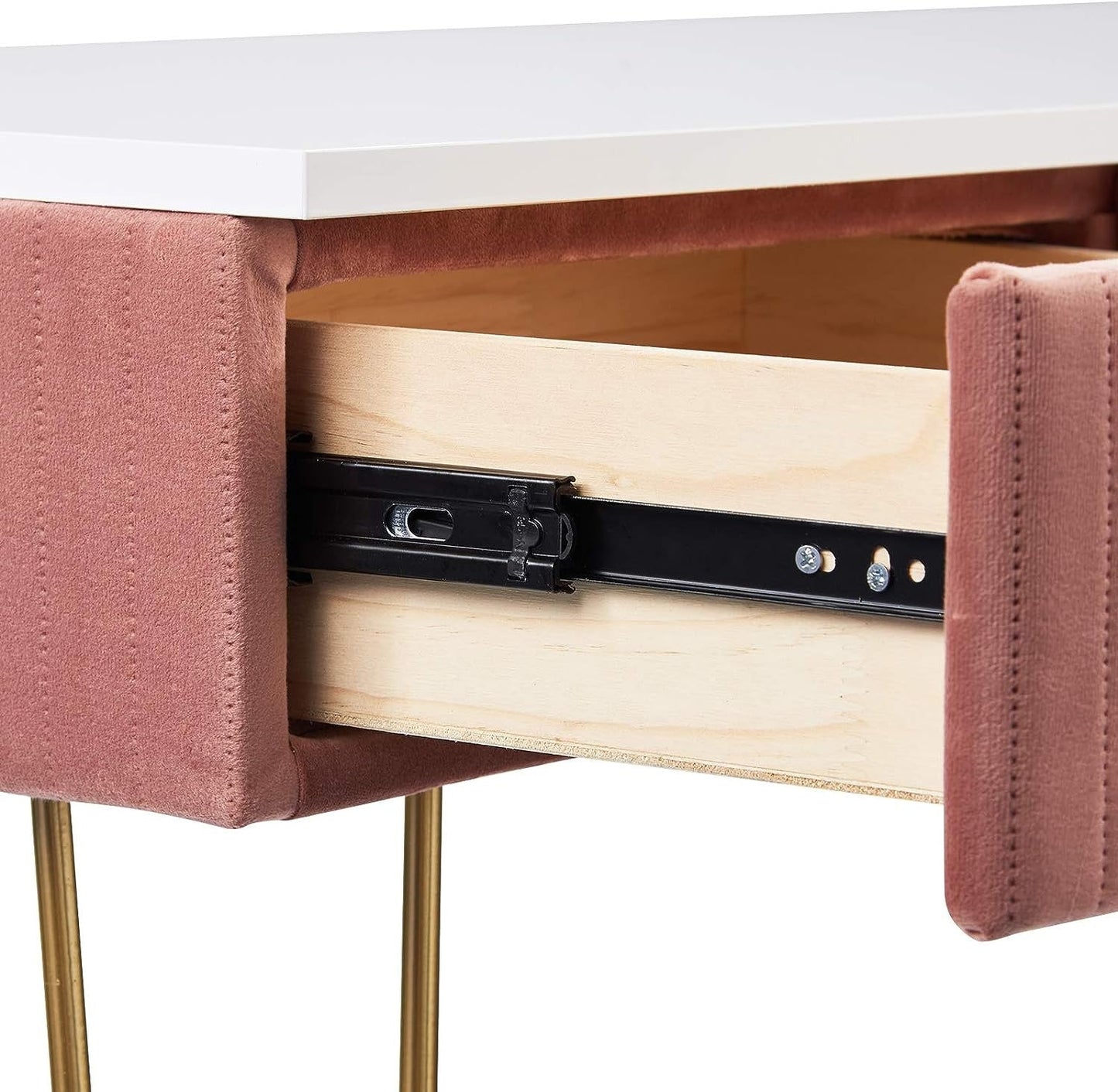 Elegant Velvet Charm Vanity Makeup Table with a large round mirror, soft velvet stool, and storage drawers in pink and gray, perfect for organizing beauty essentials.






