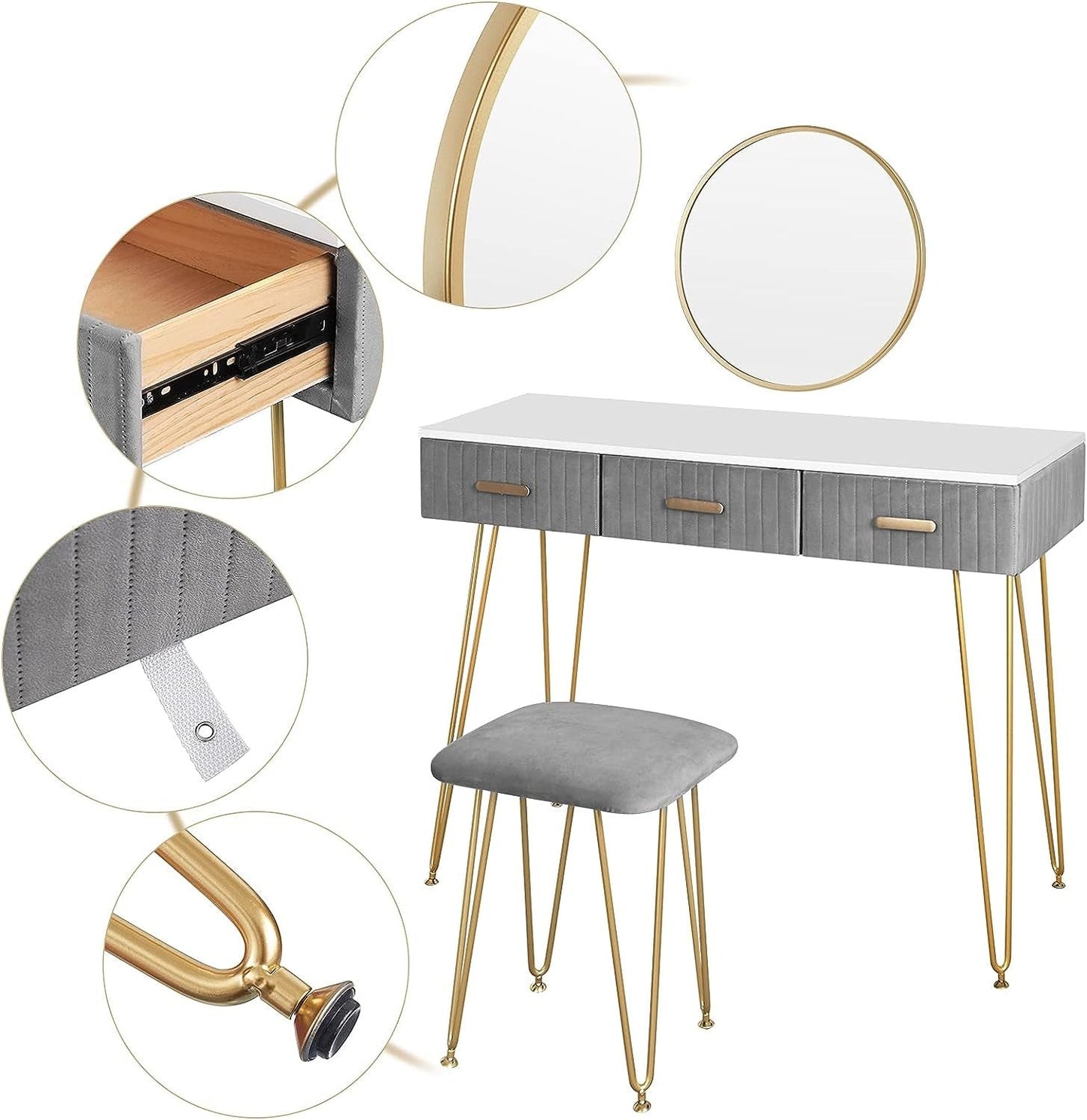 Elegant Velvet Charm Vanity Makeup Table with a large round mirror, soft velvet stool, and storage drawers in pink and gray, perfect for organizing beauty essentials.






