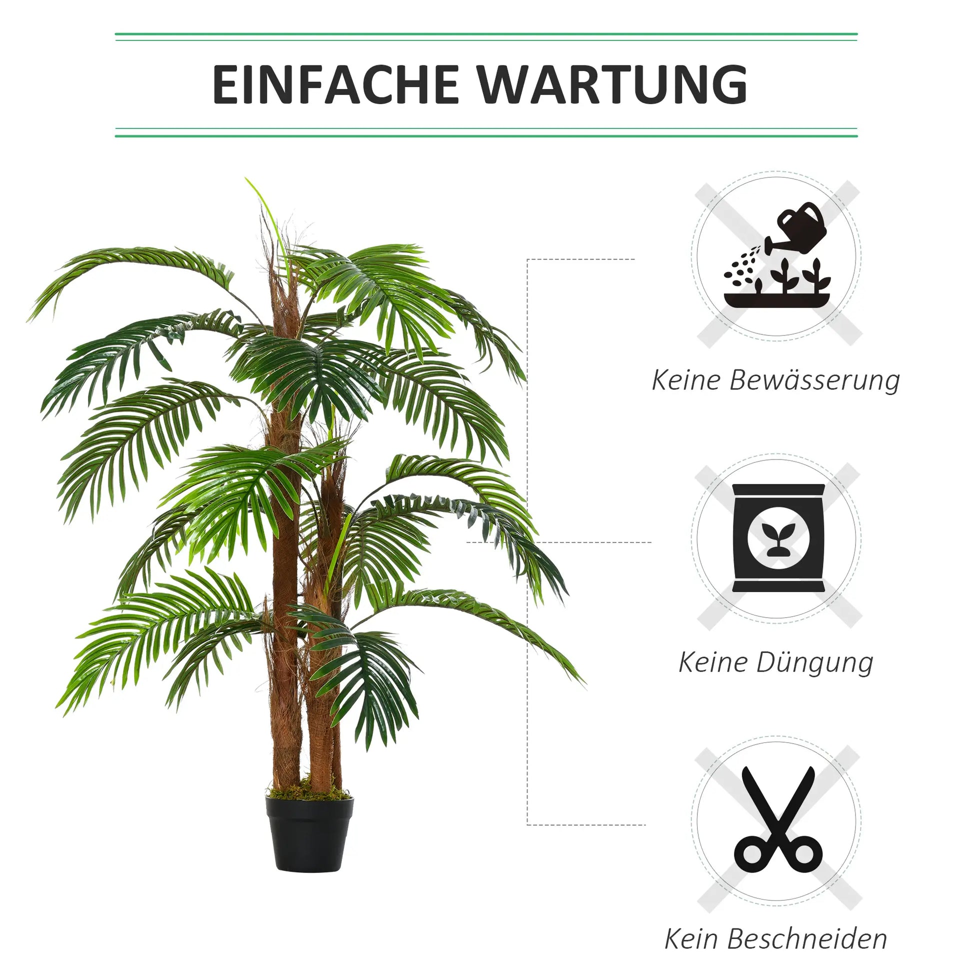 120 cm artificial palm tree with 19 realistic green leaves and a sturdy pot, ideal for bringing a tropical feel to indoor or outdoor spaces. No watering or pruning needed.

